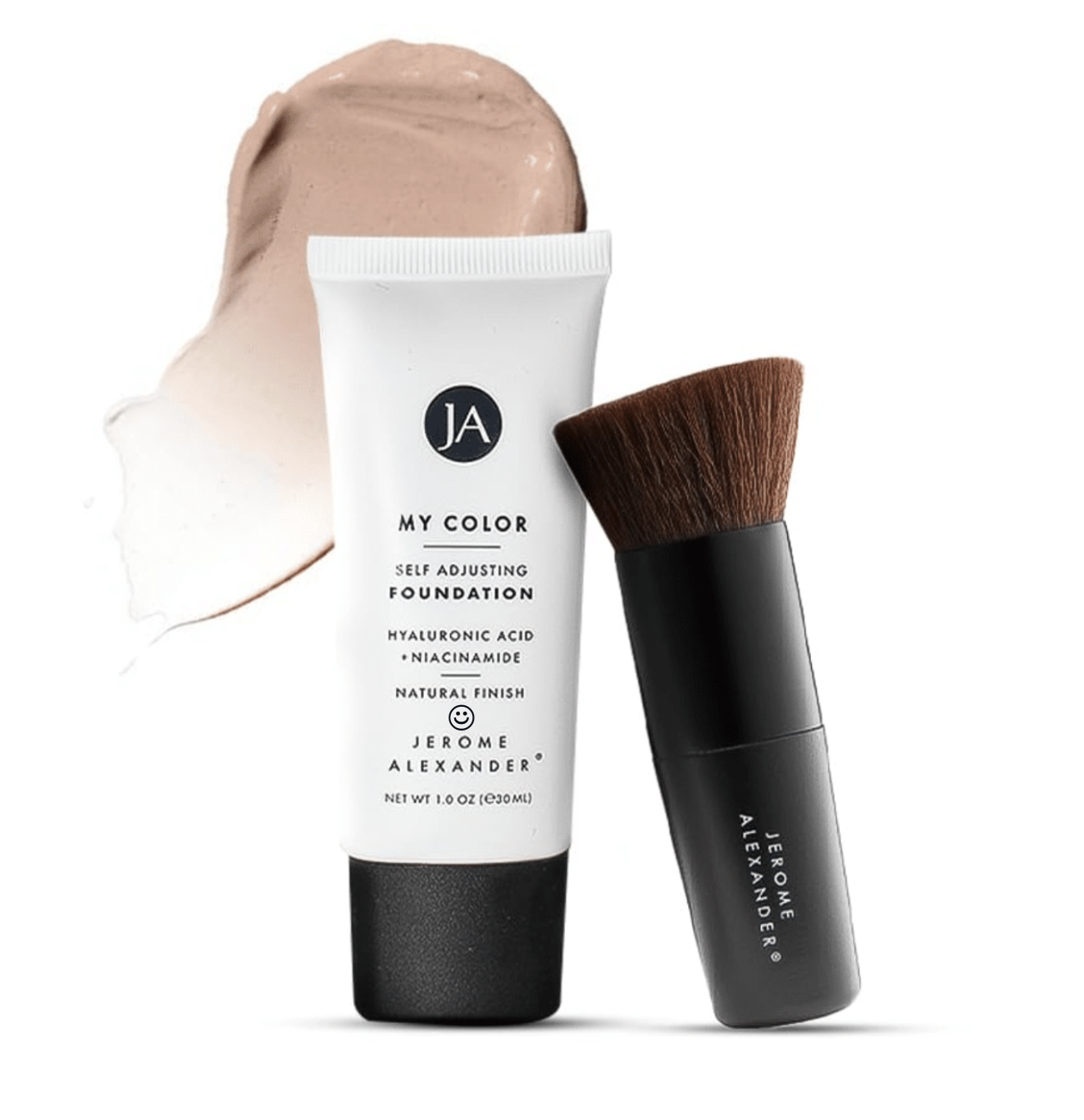 Jerome Alexander Self-Adjusting Foundation set with kabuki brush included. A tone-matching formula designed for easy application and added hydration for aging skin.